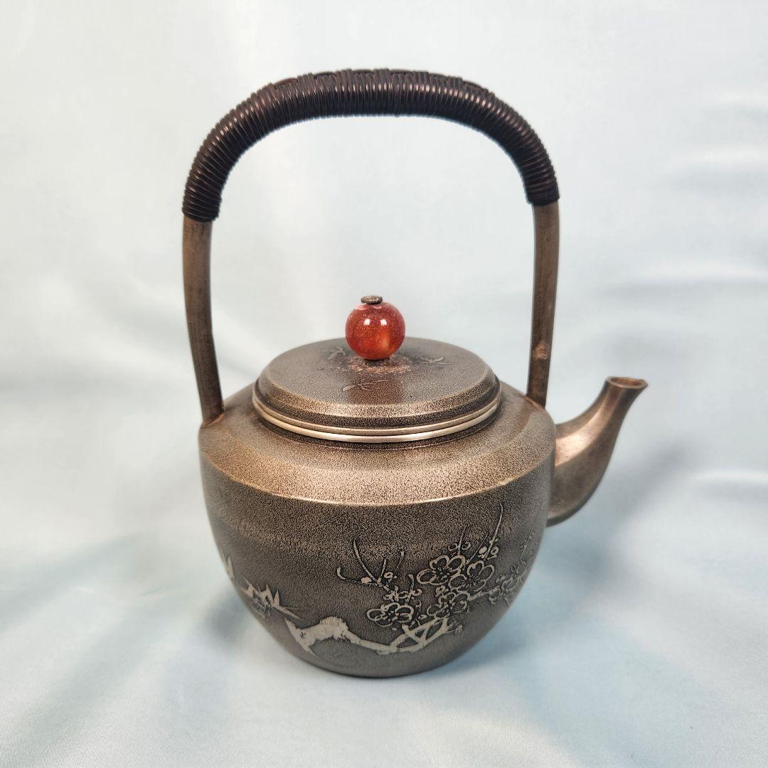 本錫 湯沸 急須 四君子文 瑪瑙 摘 継山造