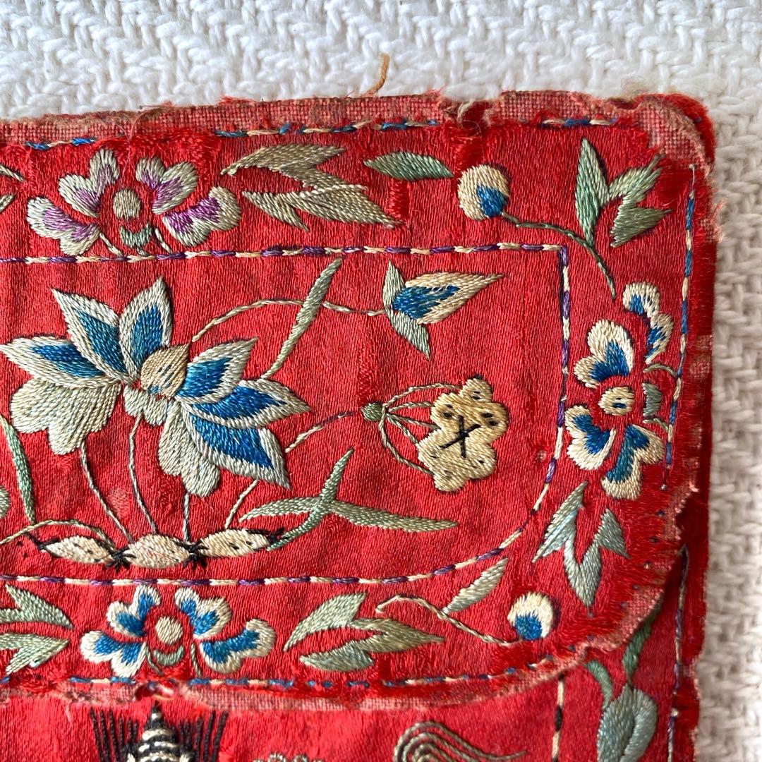 アンティーク シルクロード チャイナ チベット 赤シルク古刺繍 3口袋 時代物