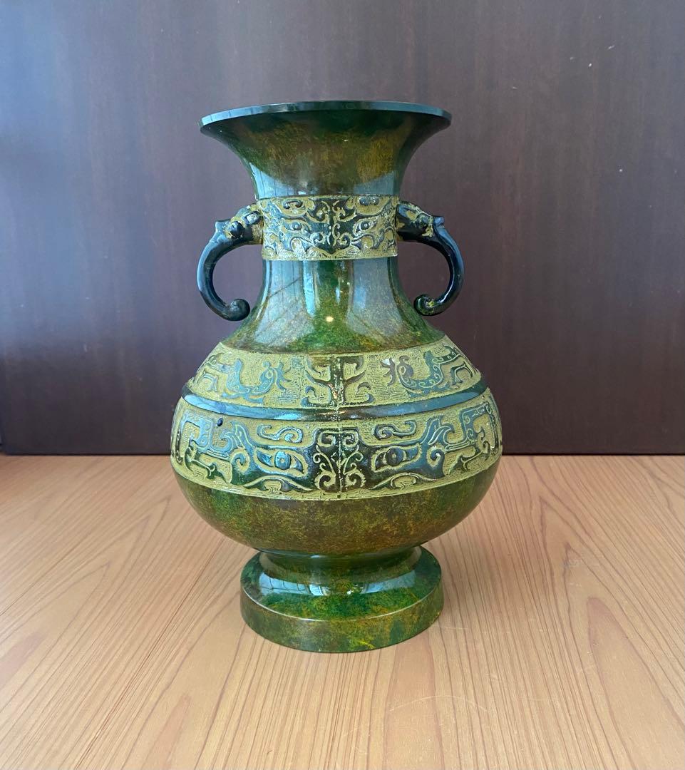 青銅 饕餮文 双耳 花瓶 越峰作 高岡銅器 未使用保管品