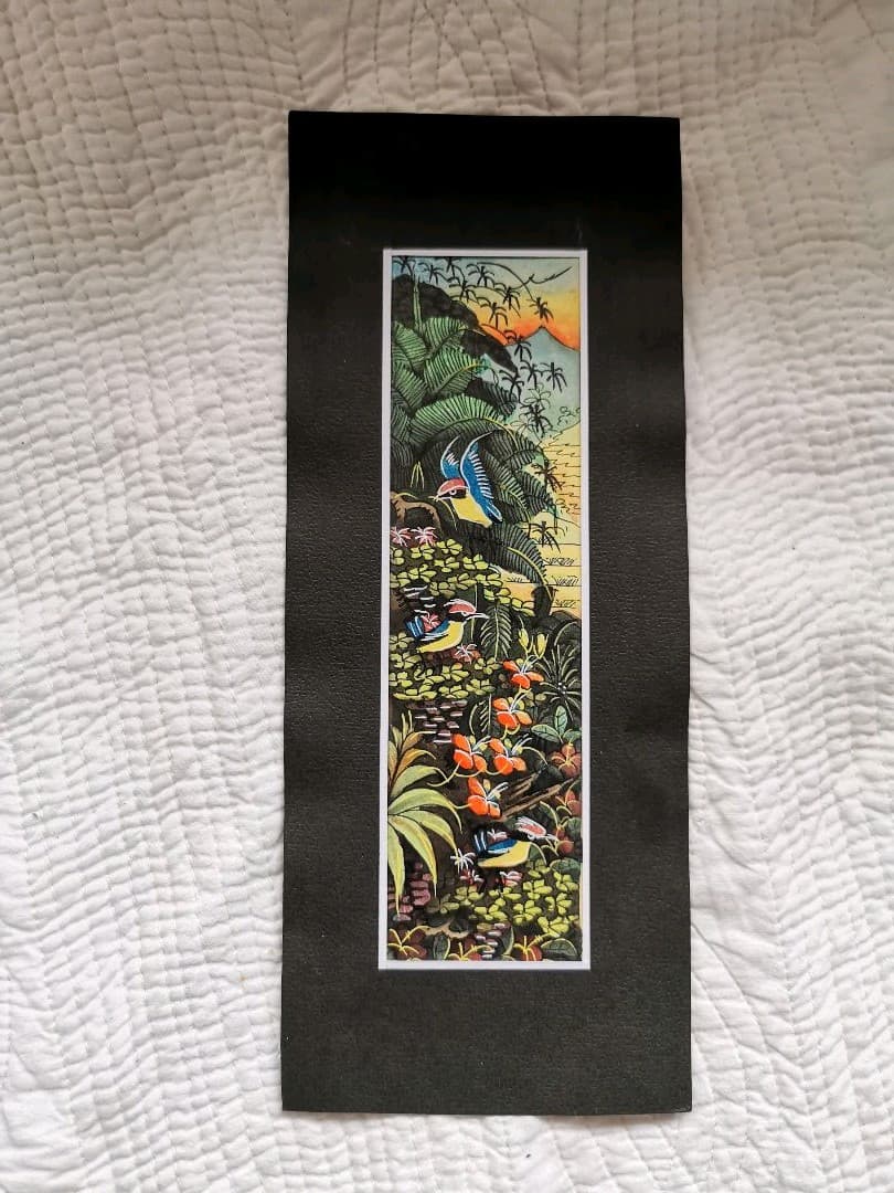 インドネシアバリ島アート 田園と亜熱帯の鳥と花 細密手描き風景画 マスターピース