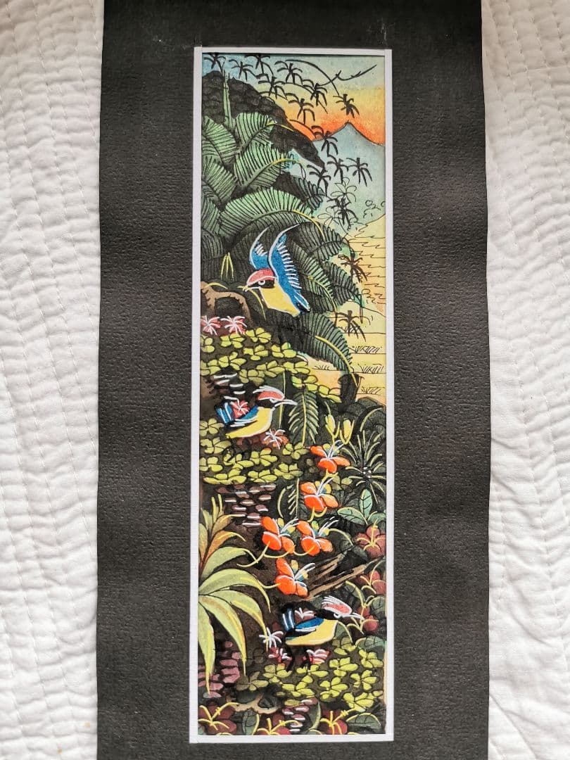 インドネシアバリ島アート 田園と亜熱帯の鳥と花 細密手描き風景画 マスターピース