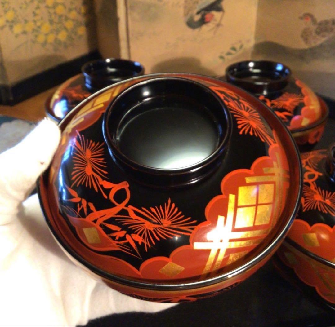 A1062 木製漆器　懐石道具　秀衡塗　椀　（丸三漆器）5客箸　5膳　揃え