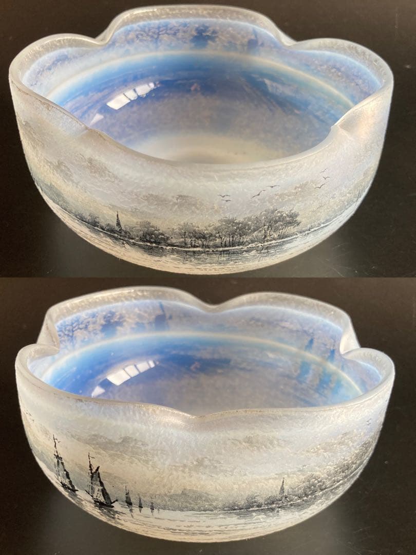 ドーム・ナンシー 阿蘭陀湖畔風景文　ボウル　エナメル　グリザイユ　オパールセント