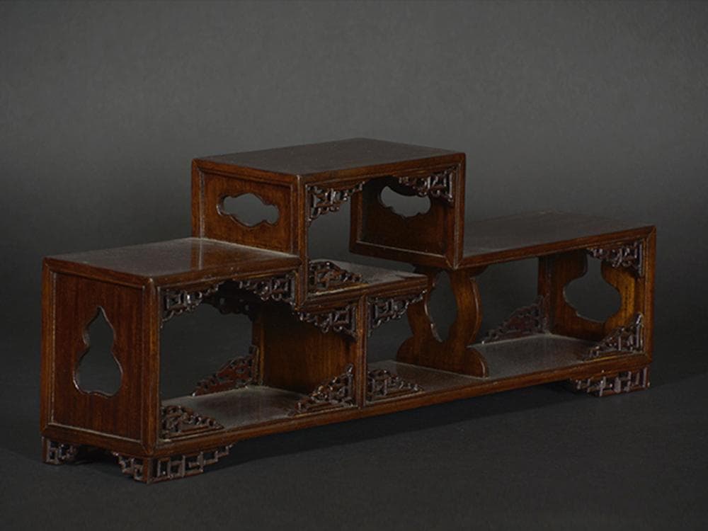 【木】　★ 文房 紅木透彫草龍紋小博古架 ★　清朝期　如意 彫刻文様　蘇工木作