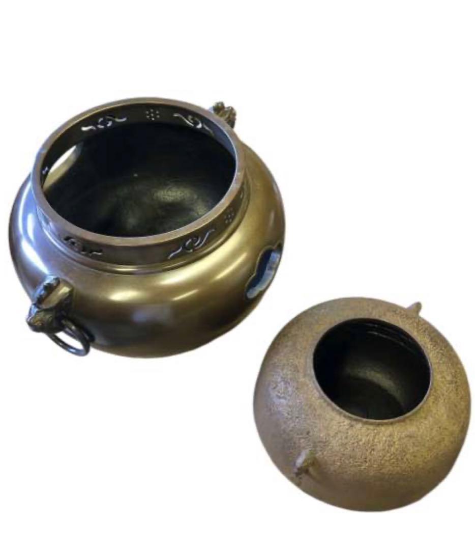 釜師　木村一無作　銀摘　共箱『唐銅鬼面風炉』茶道具/鉄瓶　古道具