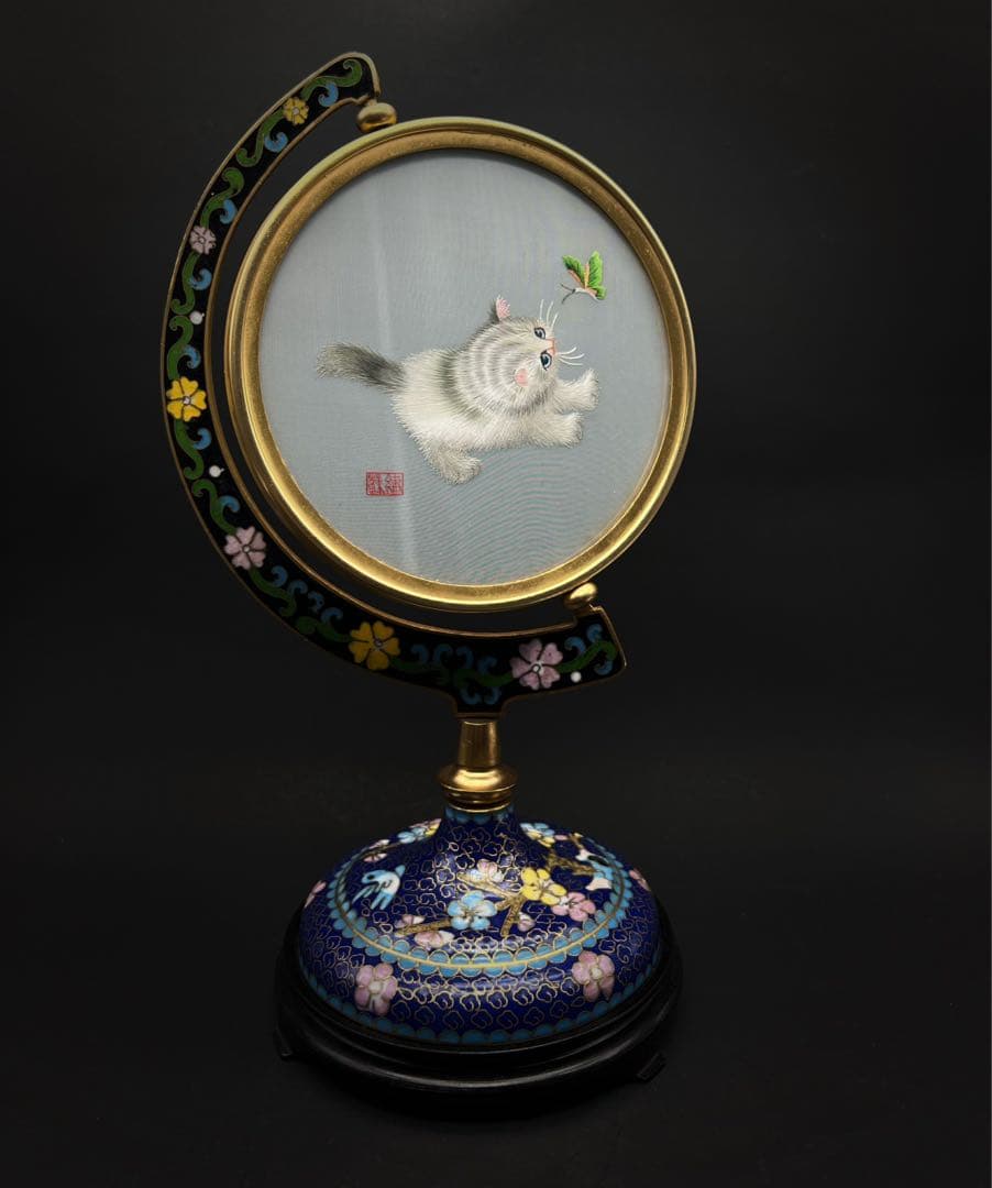 中國美術 七宝焼 景泰蓝 猫 蝶々 蘇繡 雙面繡