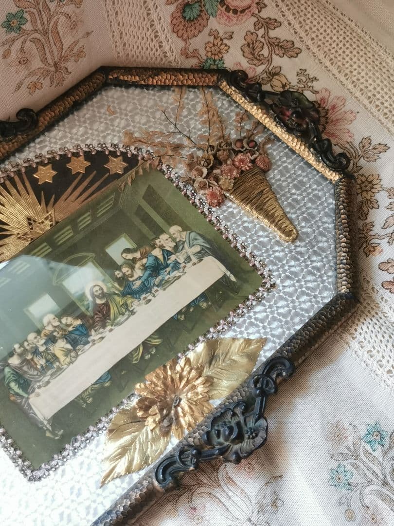 アンティーク 最後の晩餐 ドームガラス ドライフラワー オルモル装飾風銅のパネル