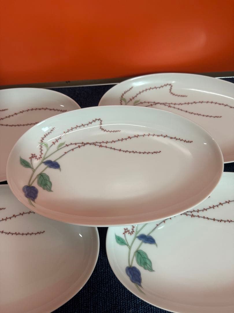 1826 深川製磁　水引草　楕円皿　5客　24cm  未使用