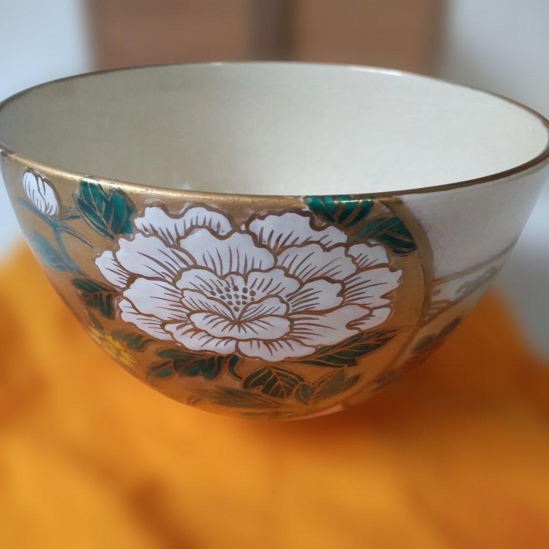 清閑寺窯 杉田祥平 色絵草花丸紋波つなぎ画 茶碗 京焼 共箱 共布 抹茶碗 美品