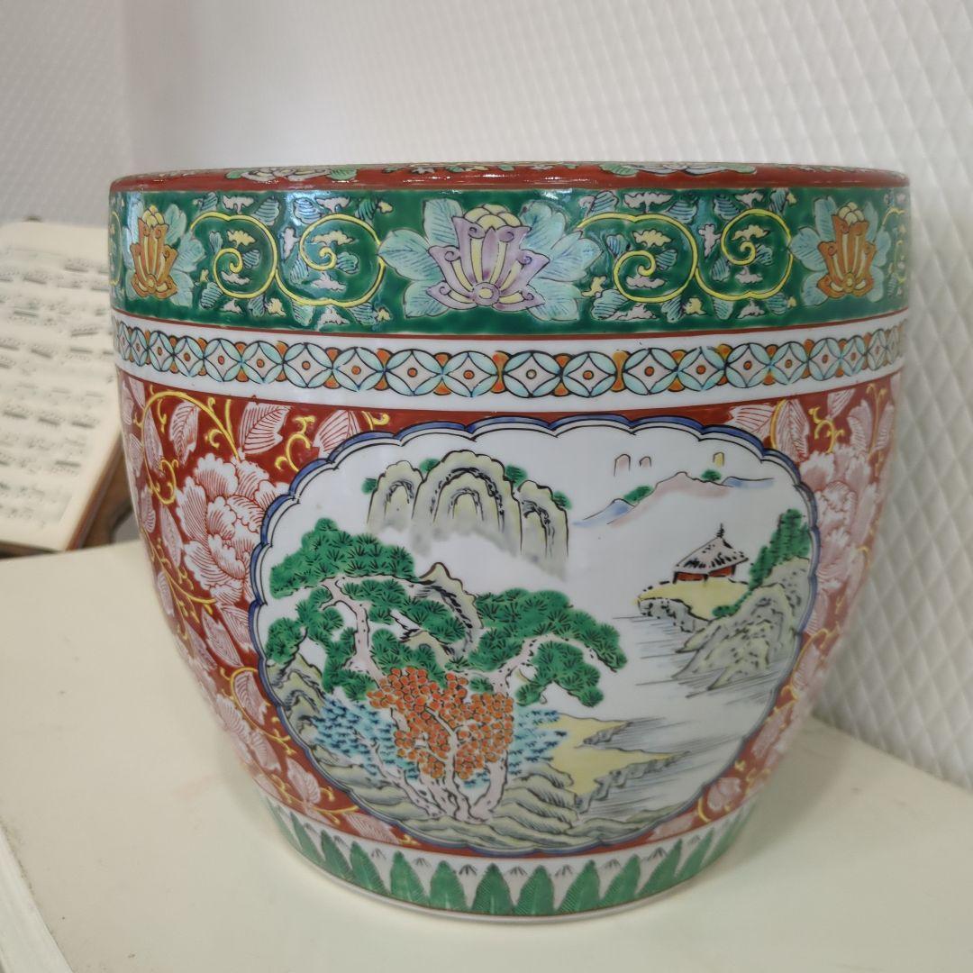 骨董 古伊万里 火鉢 十錦手 色絵 鉢カバー 睡蓮鉢 傘立て 金魚 めだか