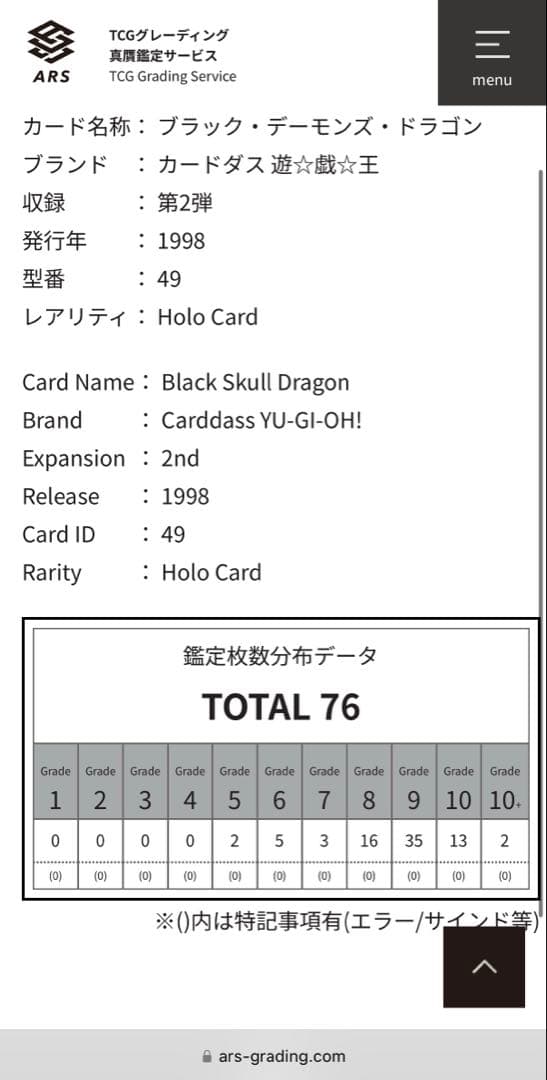 【ARS10鑑定書付　取得率17%】ブラックデーモンズドラゴン　バンダイ版