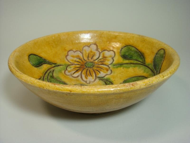 鉢■古い中国の花紋黄釉薬碗 菓子鉢 土物 丸鉢 古玩 唐物 中国 時代物 骨董■