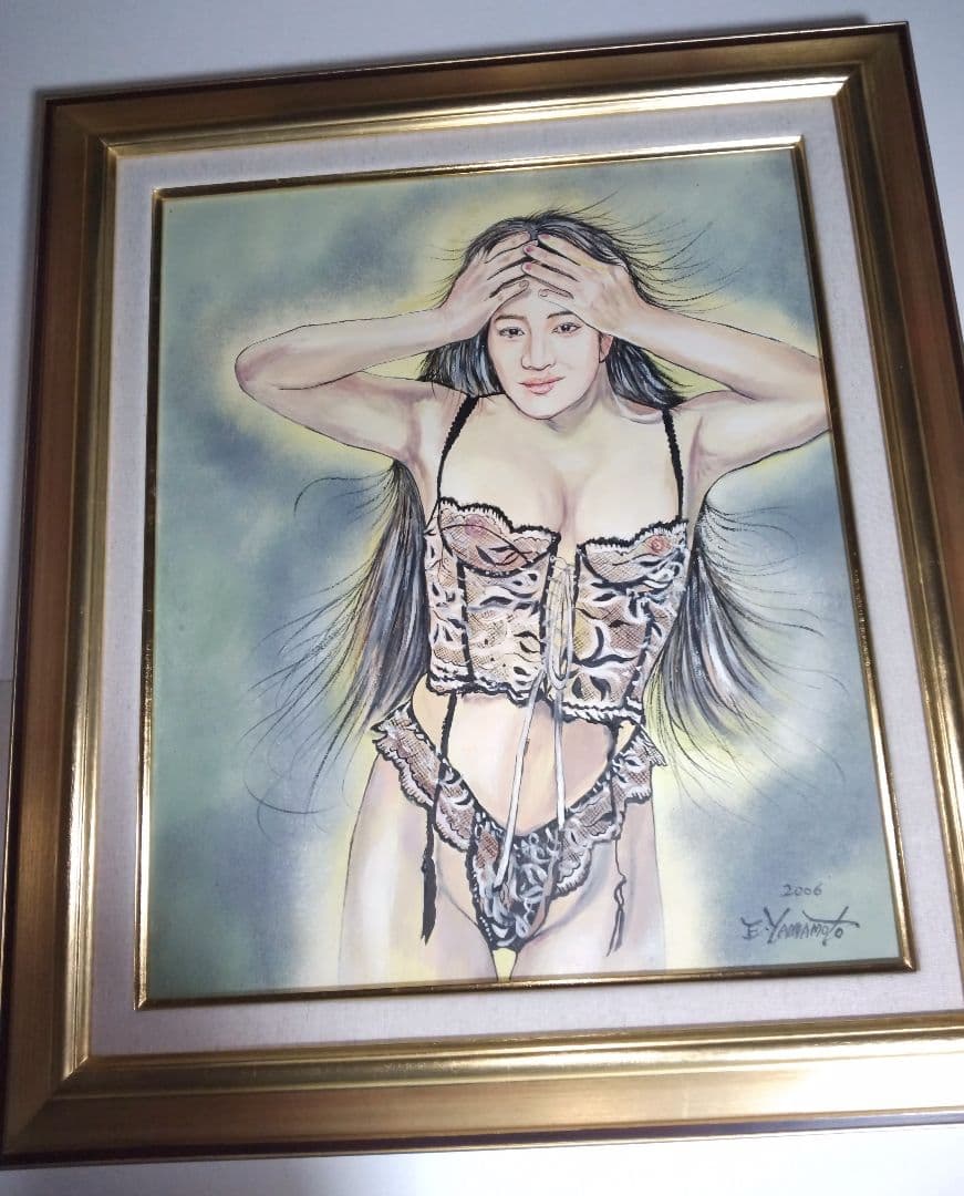 裸婦、美人画、油彩8号、山本英二しなりk真作、肉筆、新品額縁、高塚省吾、
