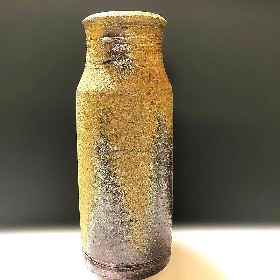 人間国宝：藤原雄作 傑作『備前 花入/花生』 (共箱・陶印付き)