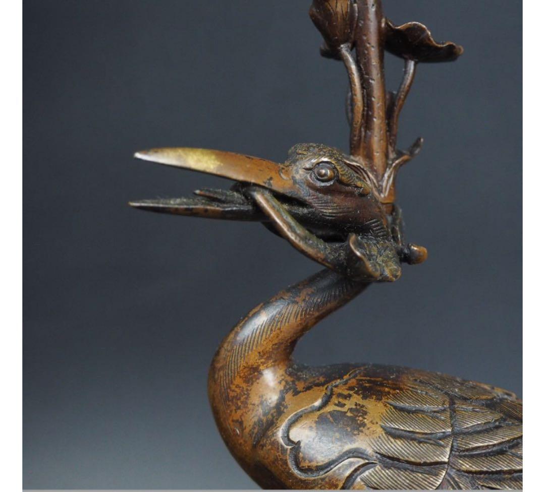 送料無料　江戸～明治時代　古銅鶴亀燭台　精巧細密作り　極上品　高29ｃｍ