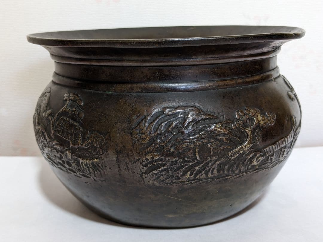 ♦江戸時代後！希少 レア物 唐金 打出し 山水図 建水 香炉 骨董品