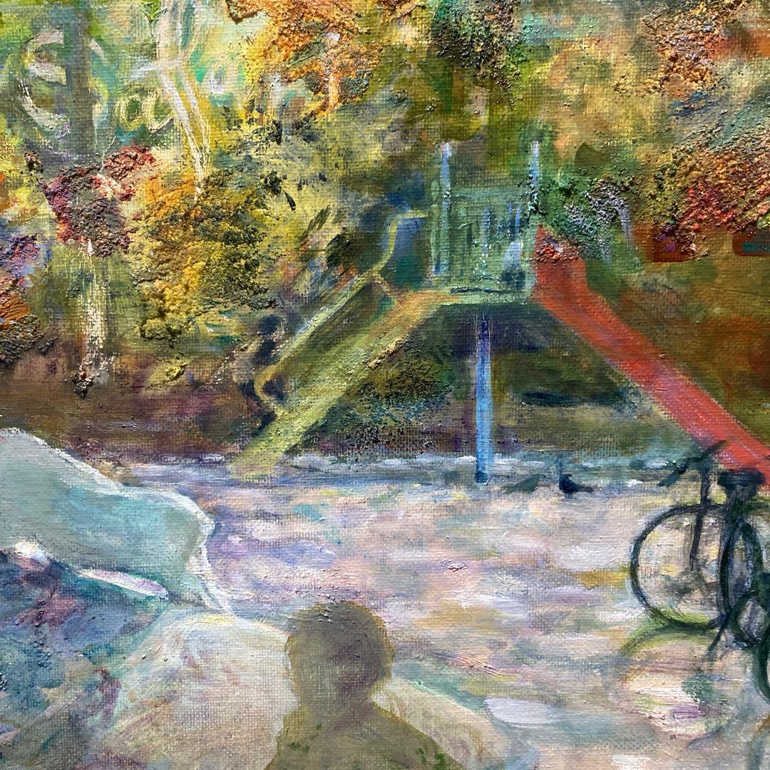 油絵　F30号　絵画　印象画　肉筆　油画　木漏れ日　広場　こどもたち　キャンバス