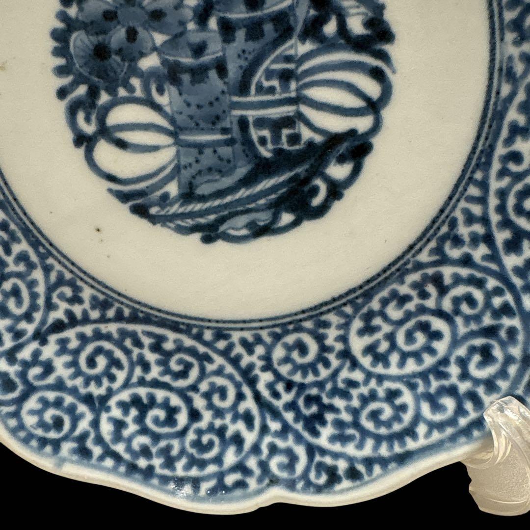 伊万里 有田 染付 印判 輪花皿 宝尽し丸文 見返し蛸唐草 高台内目跡 二重圏線