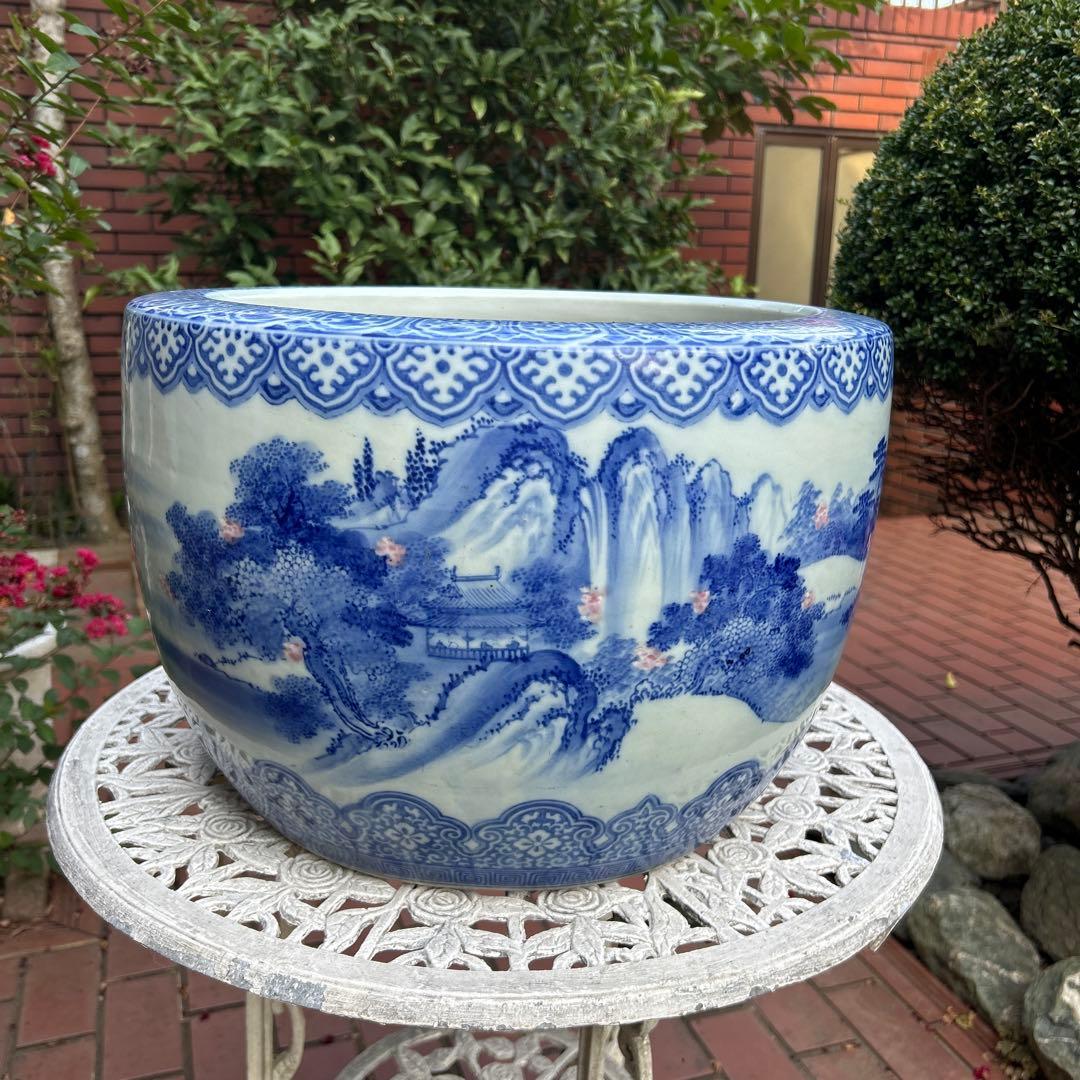 中国骨董50年以上旧蔵唐物 染付手絵山水紋大鉢 火鉢、金魚鉢、睡蓮鉢、水槽に兼用