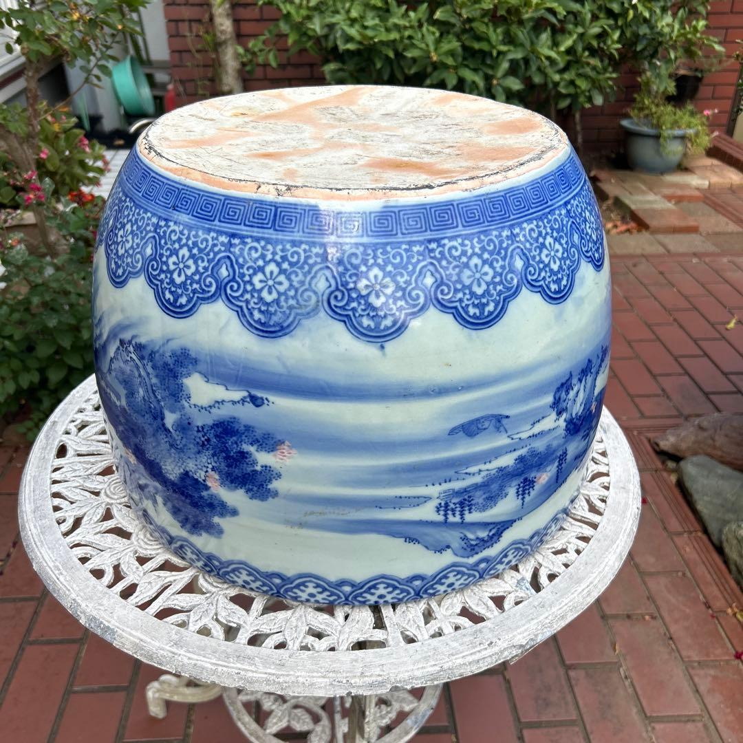 中国骨董50年以上旧蔵唐物 染付手絵山水紋大鉢 火鉢、金魚鉢、睡蓮鉢、水槽に兼用