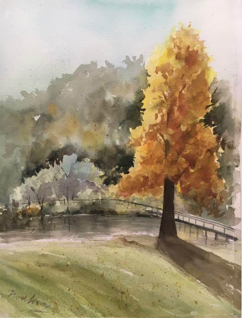 透明水彩画原画秋の風景画