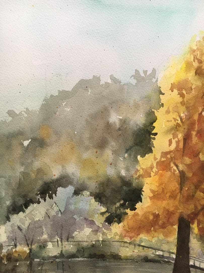 透明水彩画原画秋の風景画