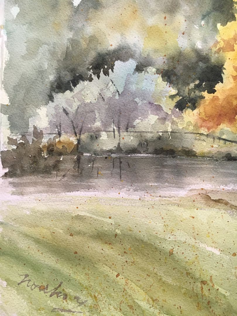 透明水彩画原画秋の風景画