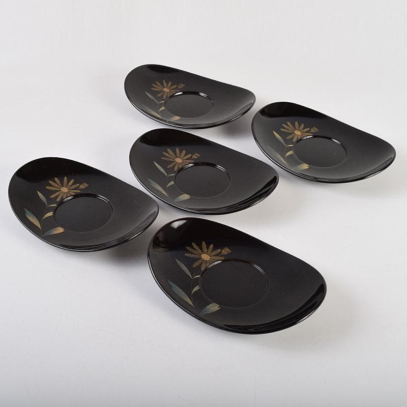 茶道具　輪島塗　三谷吾一作　花草沈金　楕円茶托　五客　共箱　M　R9469