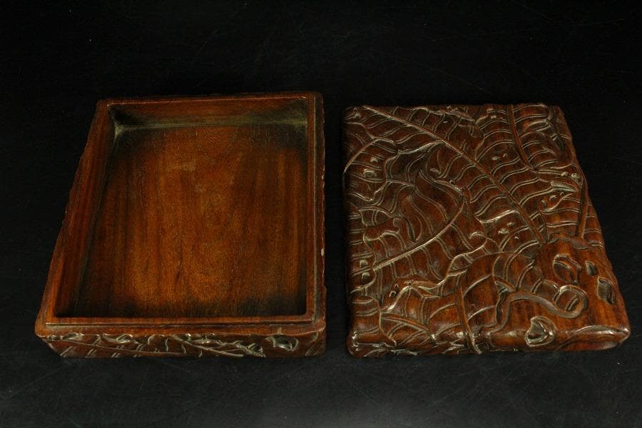 唐木 刻芭蕉 四方箱 旧家蔵出(K-A746)