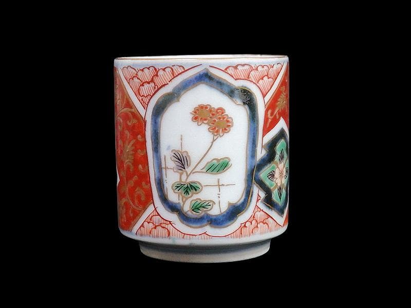 古伊万里　色絵　窓絵　花に金唐草図　のぞき 猪口　D802AS-CYg