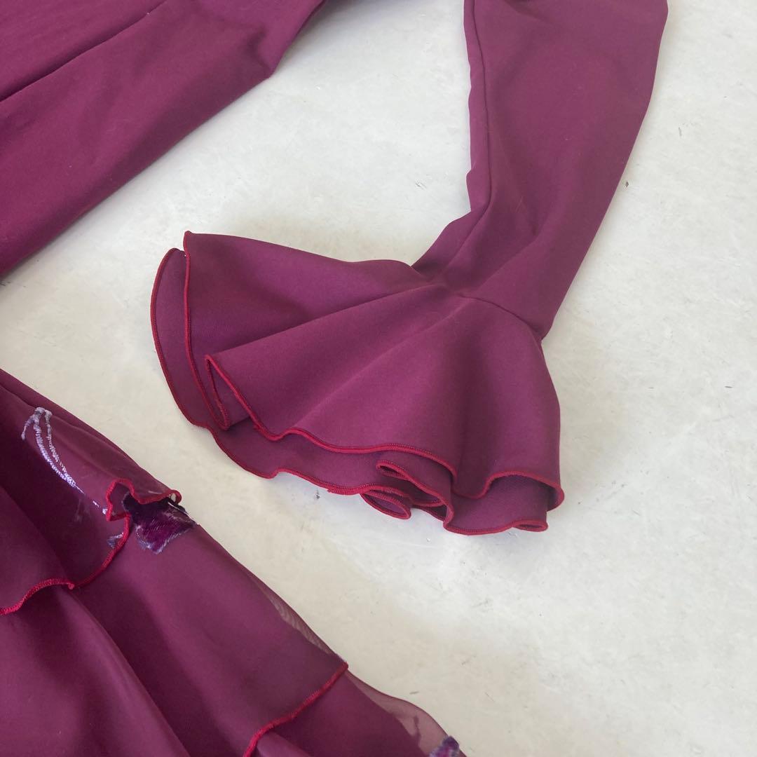 良品 フラメンコ衣装 ワンピース パープル オーダー ハンドメイド オーガンジー