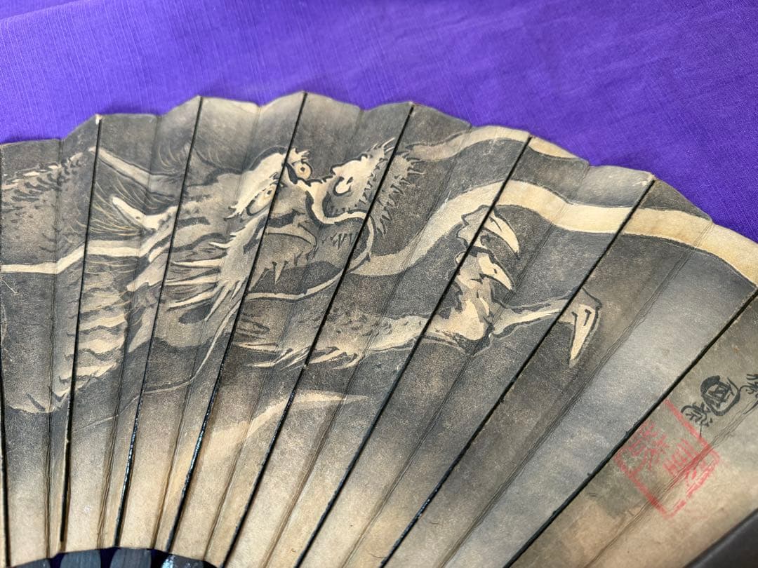 希少品　日本画　浮世絵師　歌川國歳肉筆　龍図鉄扇　軍扇（手慣らし鎧兜日本刀装具侍