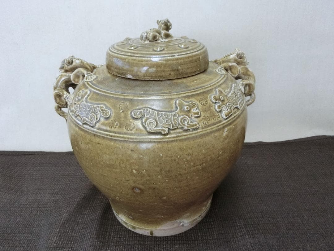 処分価11（水）22時まで【緑釉壷　蓋付　双耳壷　獣高盛文様　中国・FK】古董