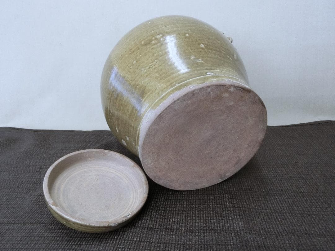 処分価11（水）22時まで【緑釉壷　蓋付　双耳壷　獣高盛文様　中国・FK】古董