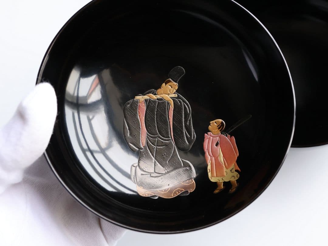 【MB196】輪島塗 天然木漆塗 黒塗椀 三客 蒔絵 大和絵 源氏絵 人物 昭和
