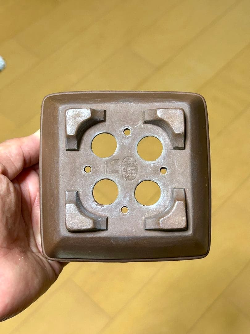 【盆栽鉢】 中国鉢 落款印あり 紫砂 胴紐正方鉢