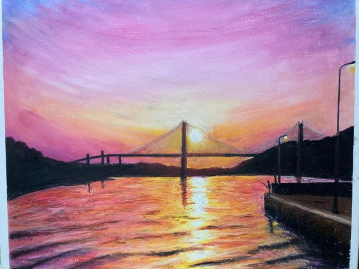 呼子大橋夕日（佐賀県唐津市）風景画　クレパス画原画