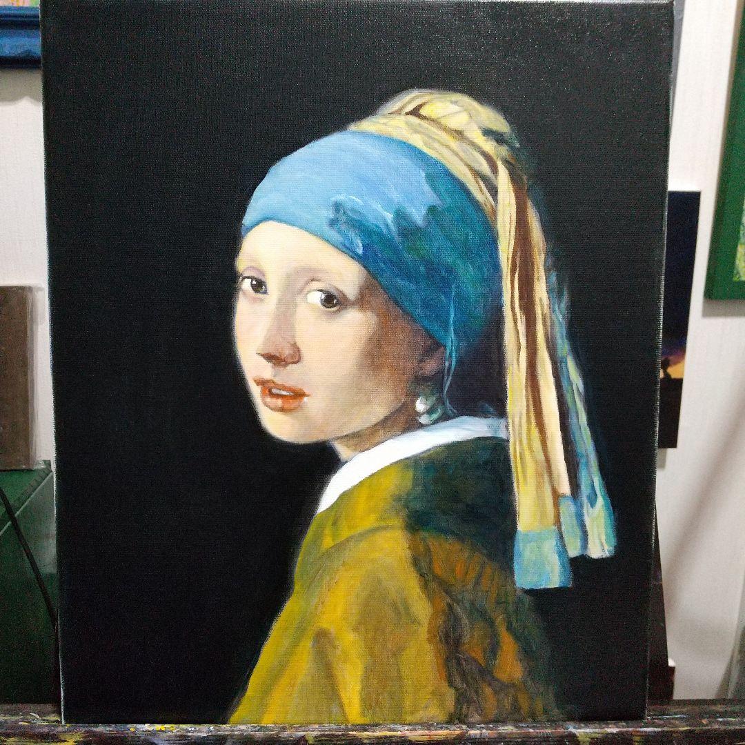 油絵 模写 フェルメール 真珠の耳飾りの少女 8号 F8 額縁つき