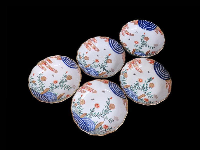 古伊万里　金襴手　撫子に桜花の図　膾皿　５客　D129AS-DAp