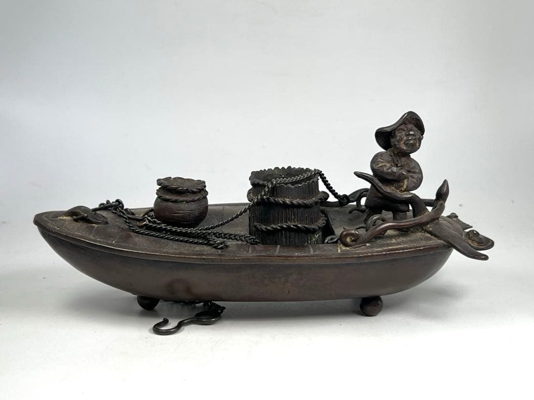 極上 古銅製舟形吊香炉　重さ:975g