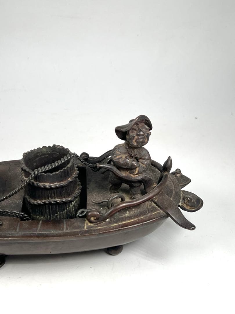 極上 古銅製舟形吊香炉　重さ:975g