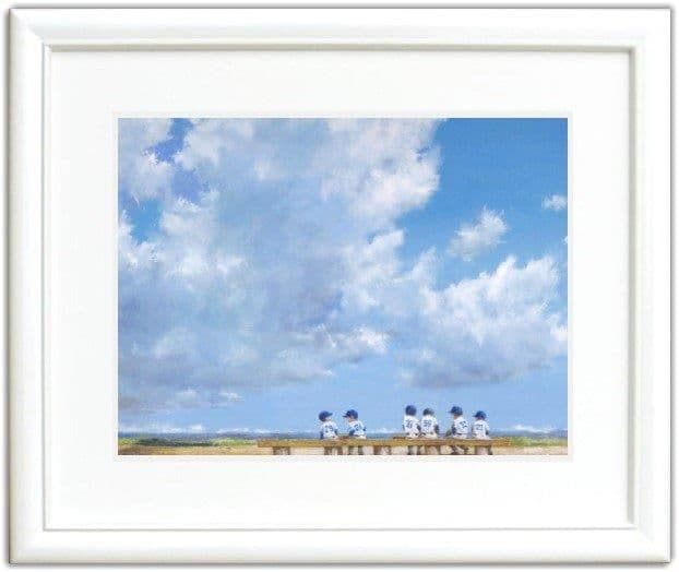 櫻井幸雄　額縁付き複製画　少年野球「出番のないベンチ (雲の下の六人)」