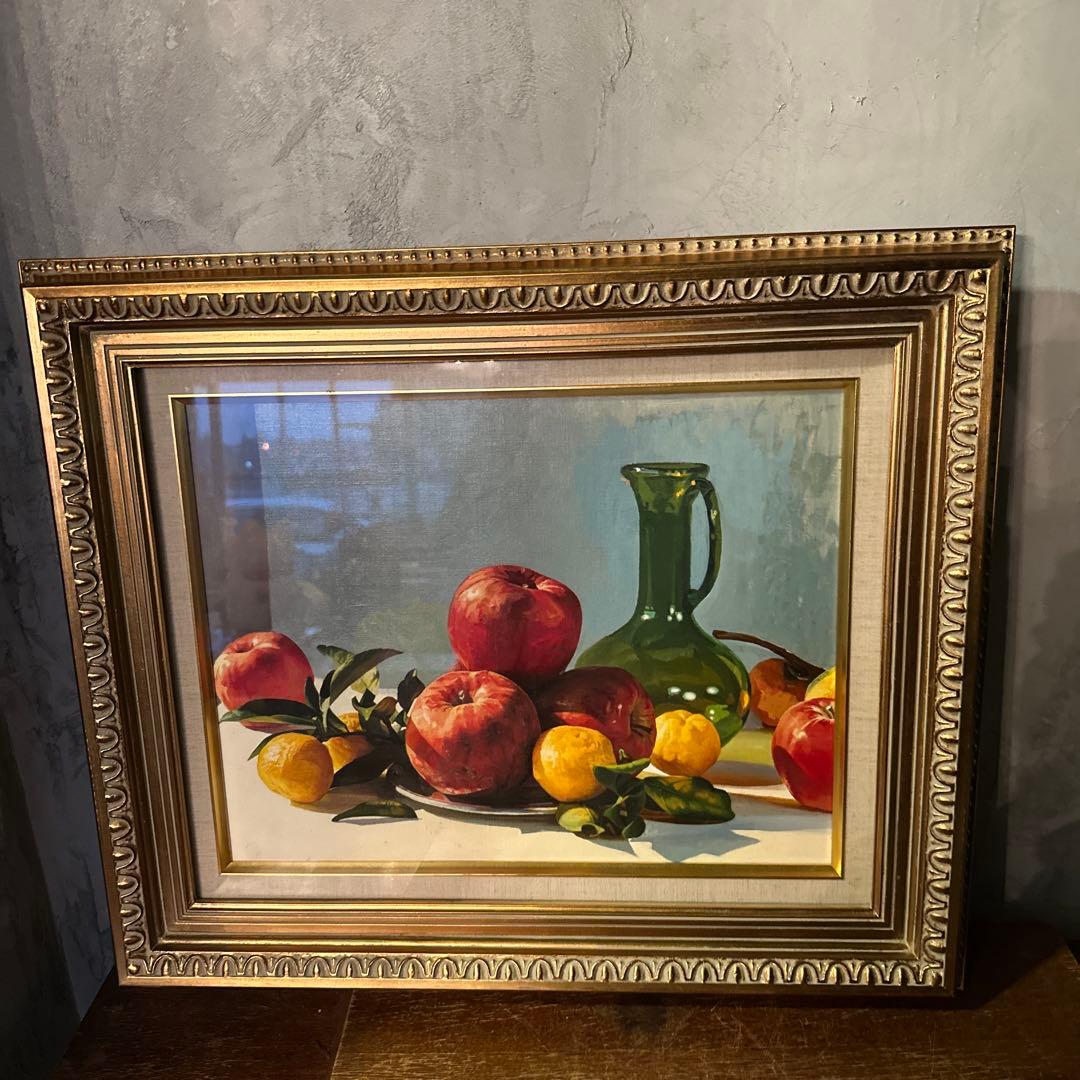 大幅お値下げ❗️みずみずしい　りんごの油絵　洋画　ヴィンテージ　ゴールド額縁