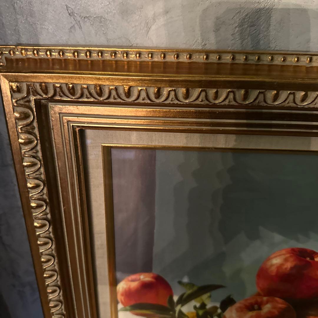 大幅お値下げ❗️みずみずしい　りんごの油絵　洋画　ヴィンテージ　ゴールド額縁