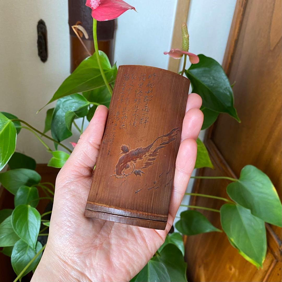 象堂山人刀竹製　鮎図　茶合　則子　仙媒　茶量　煎茶道具　とても良い作品