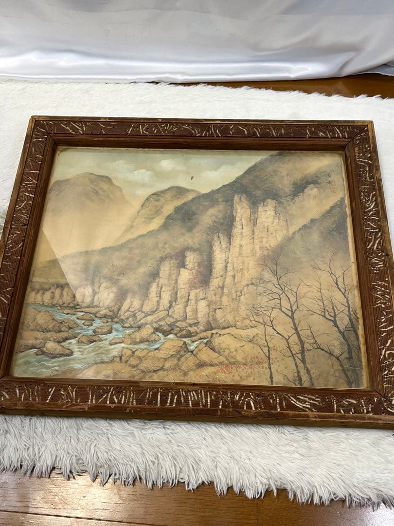 額入り71.0cm 壁掛け 山川風景水彩画 1156