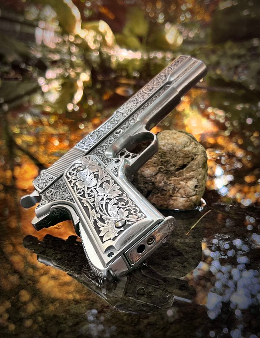 1911タイプ対応 グリップ周辺 装飾パーツ ステンレス製 巻草彫刻 工芸仕上げ