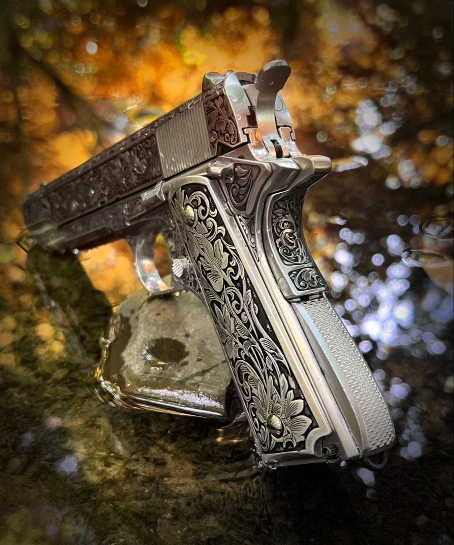 1911タイプ対応 グリップ周辺 装飾パーツ ステンレス製 巻草彫刻 工芸仕上げ