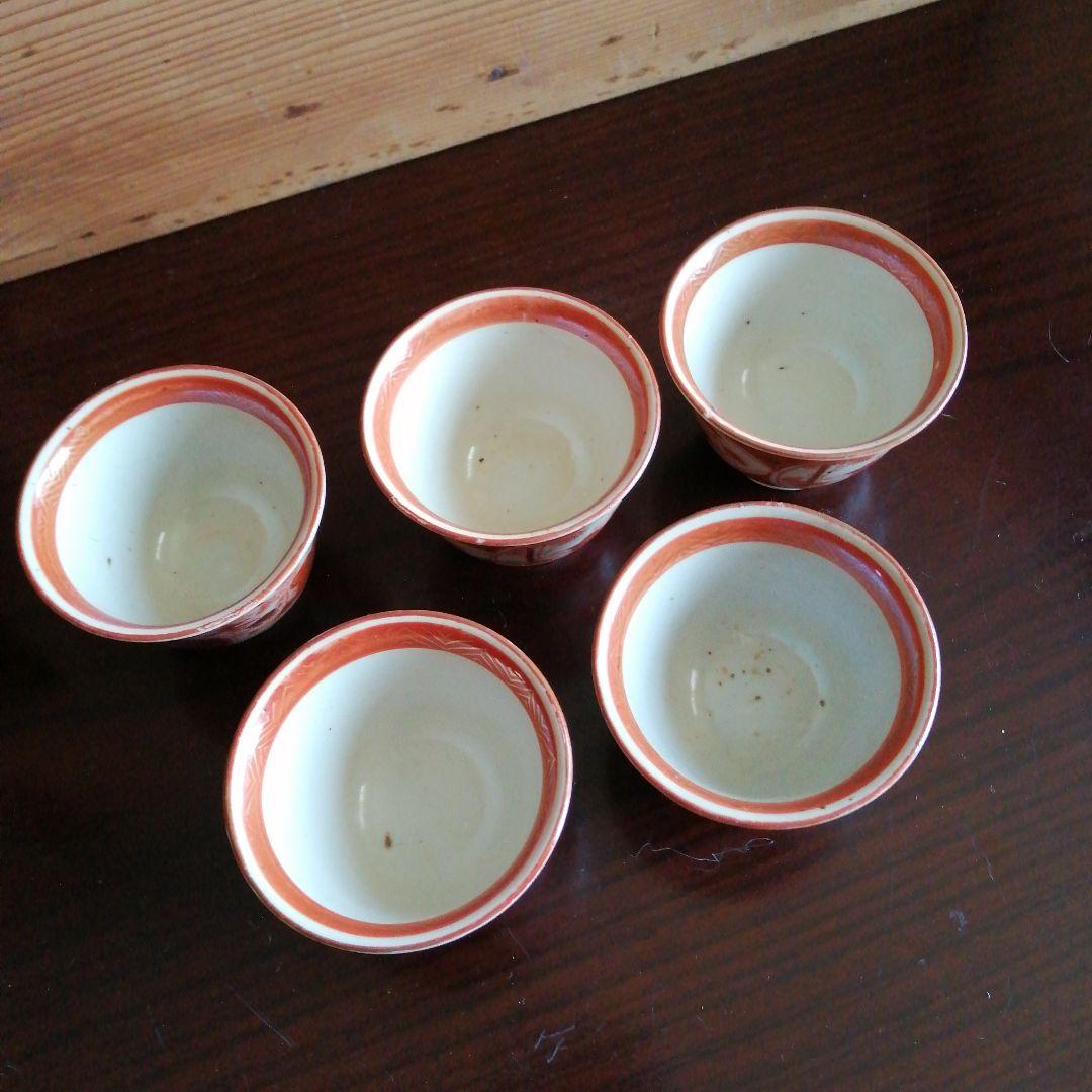 九谷焼　赤絵金襴手煎茶碗　5客　6.2cm　明治～大正期