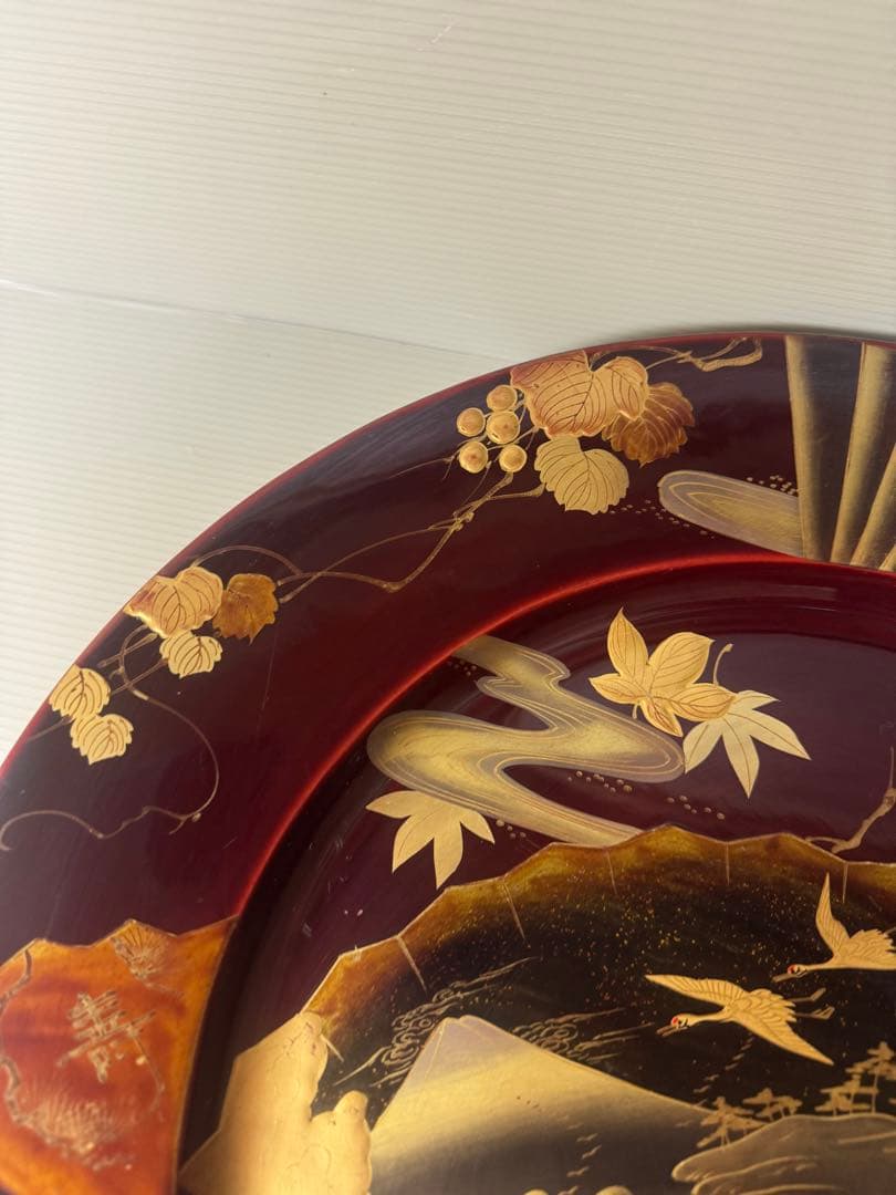 2440 木製金蒔絵　鶴扇果実文　大皿 丸皿 飾皿  37cm  時代物